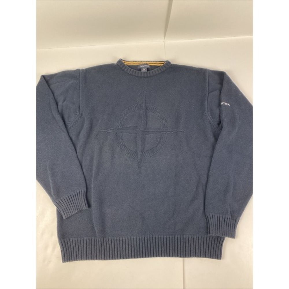 Nautica Mens Navy Blue Knit Pullover Sweater‎ Cotton Size Large Compass